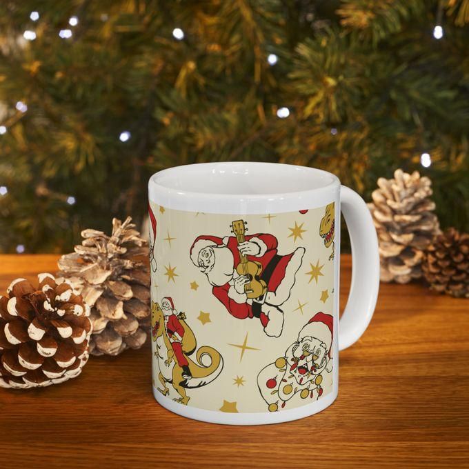 Santa Claus riding t-rex pattern Mug مج مطبوع للكريسماس