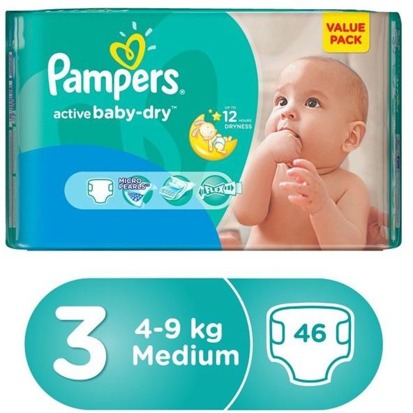 Pampers Active Baby Dry Diapers Medium Size 3 ( 4 - 9 kg ) - 46's