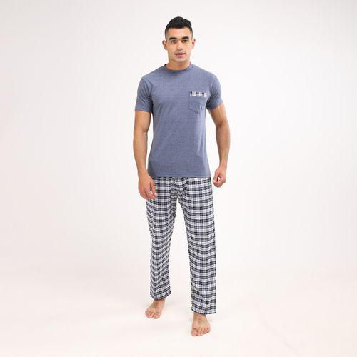 Kady Round Neck Side Pocket Pajama Set - Heather Navy Blue & White