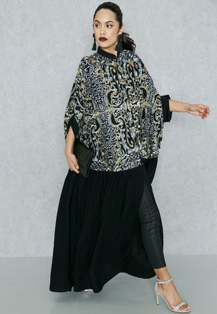 High Neck Embroidered Top Cape Abaya