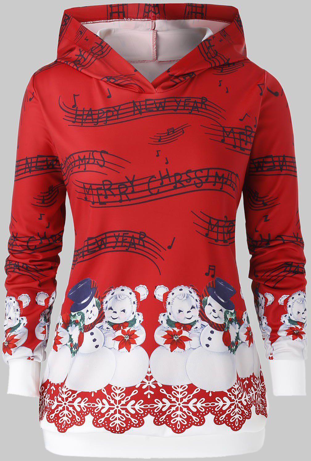 Plus Size Christmas Musical Notes Snowman Print Hoodie - 1x