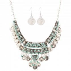 Turquoise Fringed Coin Head Beads Necklace Set - Silver
