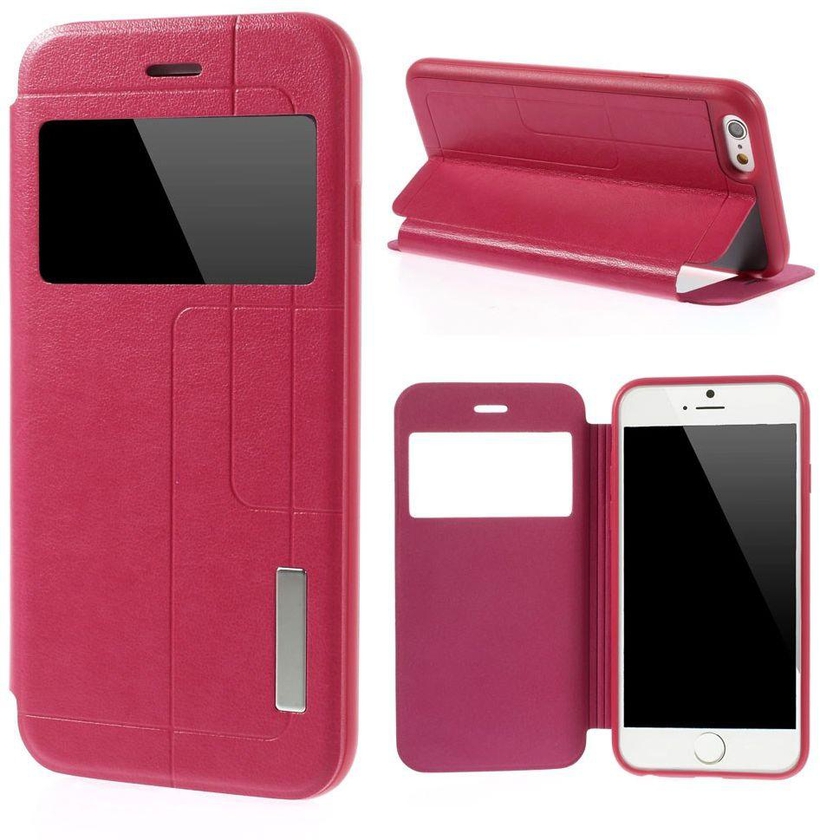 Grid Design View Window Leather Stand Case  & Screen Guard for  iPhone 6 4.7 inch - Rose