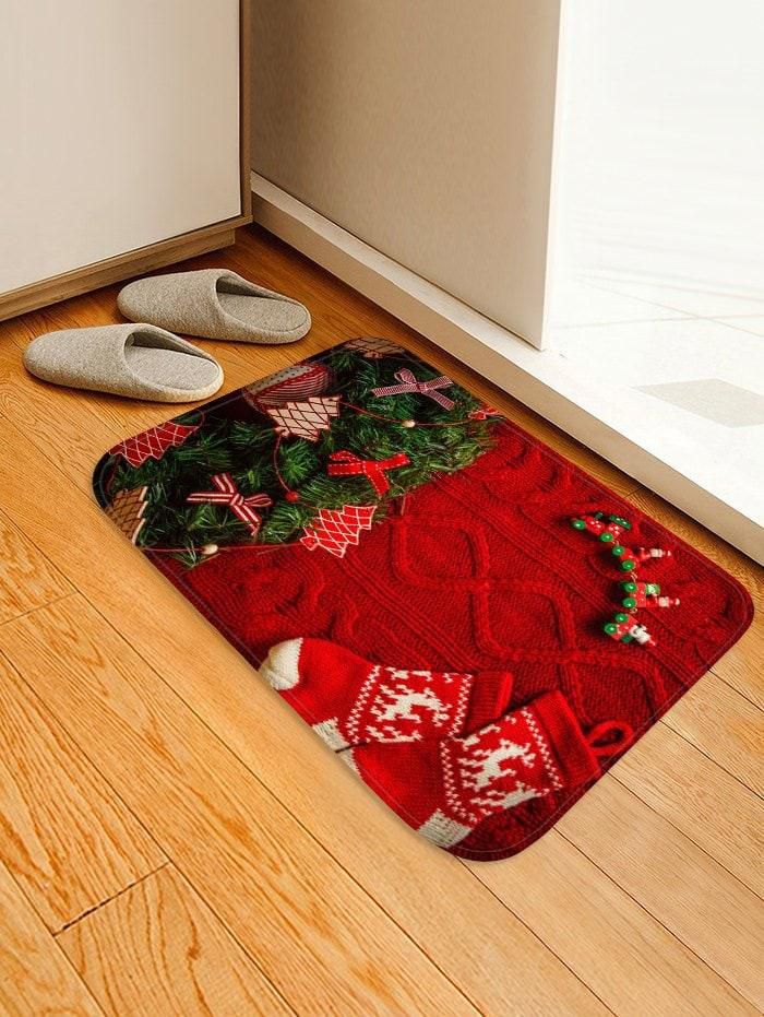 Christmas Tree Stocking Printed Flannel Floor Mat - W16 X L24 Inch