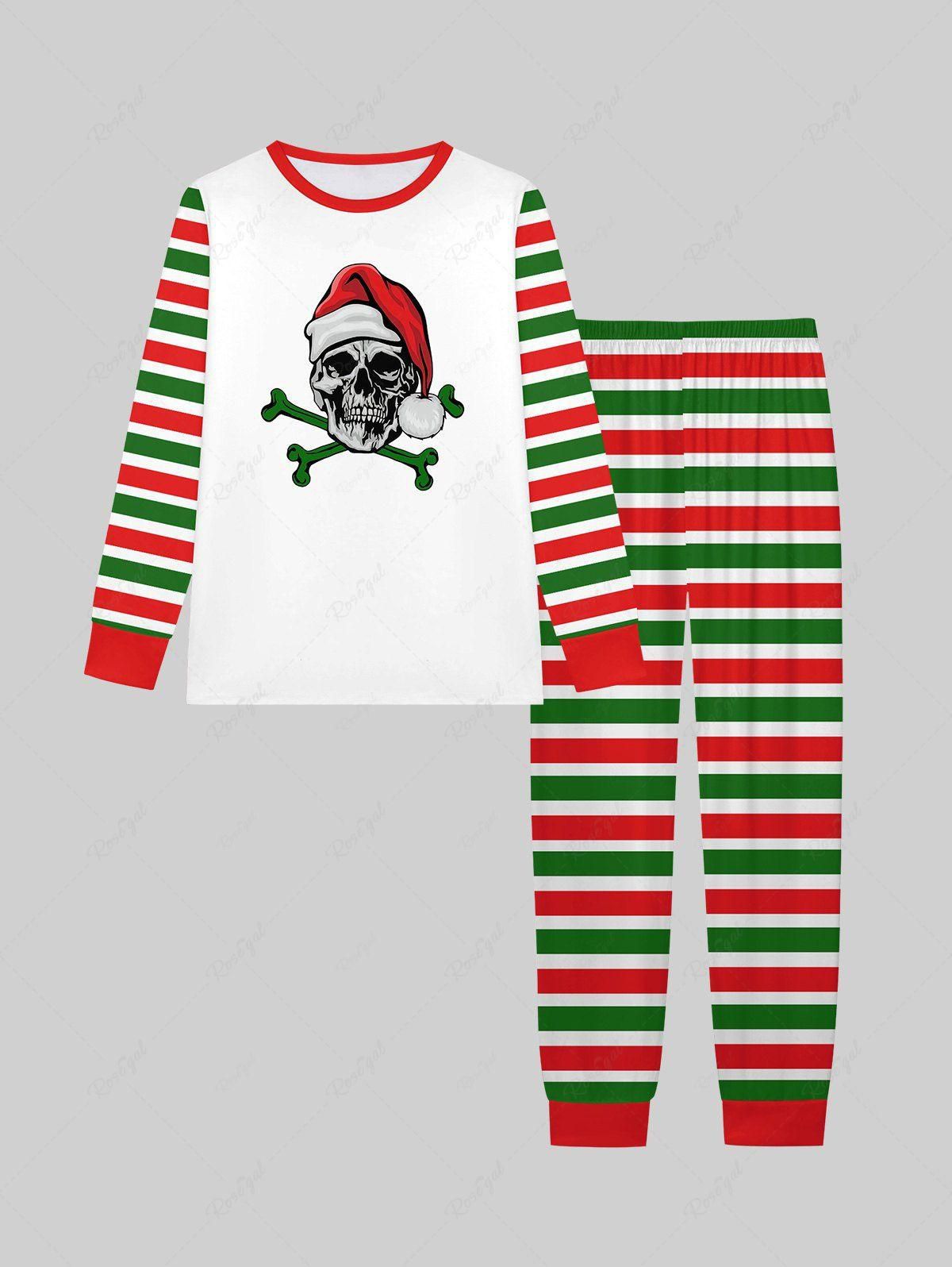 Gothic Christmas Hat Skull Colorblock Stripes Print T-shirt and Jogger Pants Pajama Set For Men - 5xl
