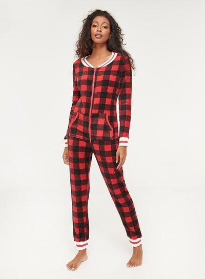 Coral Fleece Shape Onesie With Stripe Rib At Neck And Cuffs Red/Black