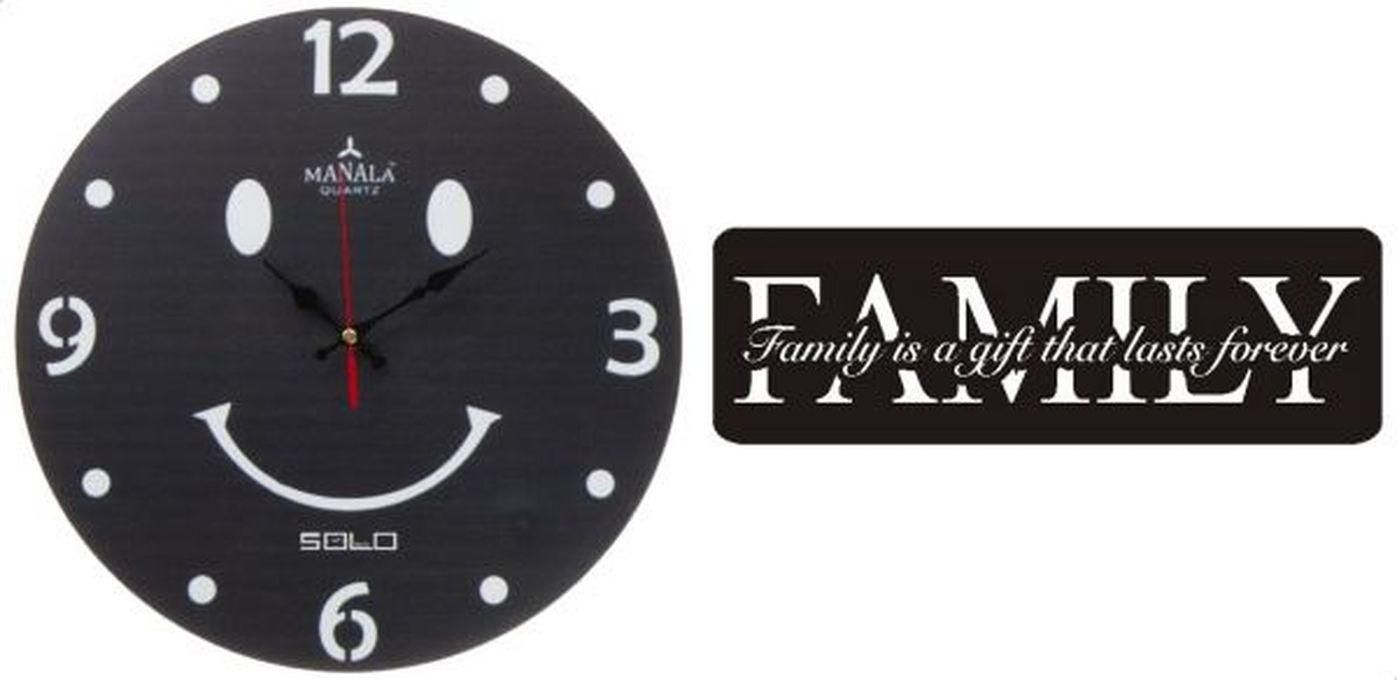 Solo B673-7 Wooden Round Analog Wall Clock - 40 Cm With Family Wooden Tableau