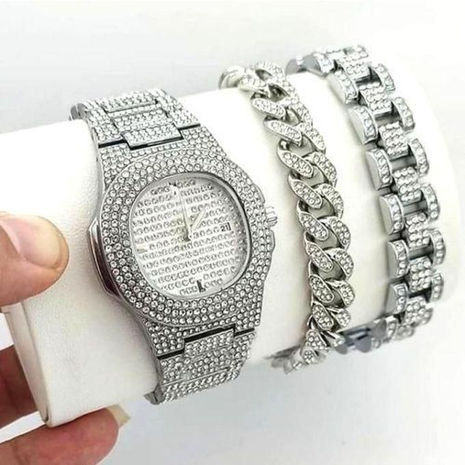 Keep Moving Ice Box & Iced Out Classic Gold Studded Silver Exotic Ladies/Gentle Men Watch + 2 Classic Bracelets