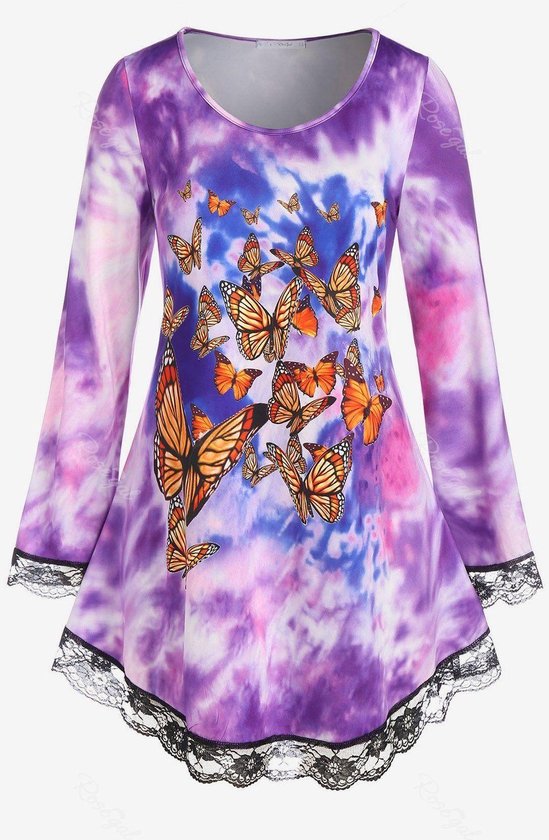 Plus Size Tie Dye Butterfly Print Lace Hem Long Sleeve Tee - 1x