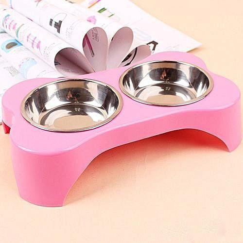 Generic 26*15*6cm Pet Cat Puppy Stainless Steel Dog Double Bowl Green Color:Rose Red Size:One Size