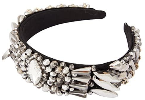 MOONSTONE Women's Fashion Handmade Headband Wide Brim Big Centered Marquise Cut Rhinestones Crystal Beaded Tiara Crown, Adjustable Size, 40mm, Silver