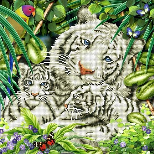 Dotzmania White Tiger And Cubs KitDiamond Painting Kit  (As Picture)