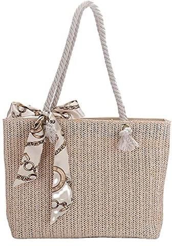 Women Straw Beach Bag Tote Shoulder Bag Stripe and Stitchwork Summer Handbag with Zipper and Silk Scarf Large Waterproof Weekender Canvas Cotton Rope Totes for Travel Gym Swim