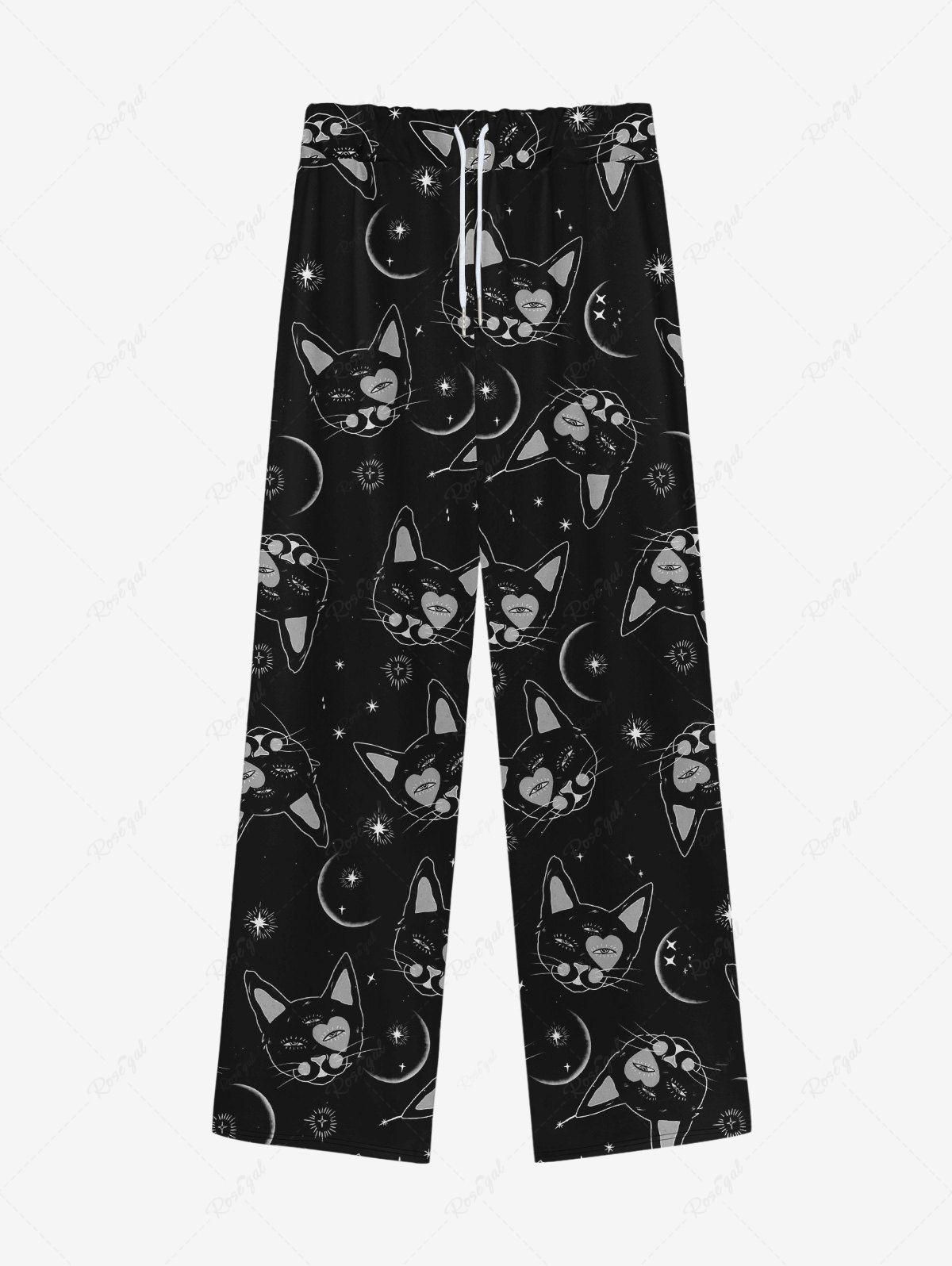 Gothic Cats Moon Stars Print Wide Leg Drawstring Sweatpants For Men - 8xl