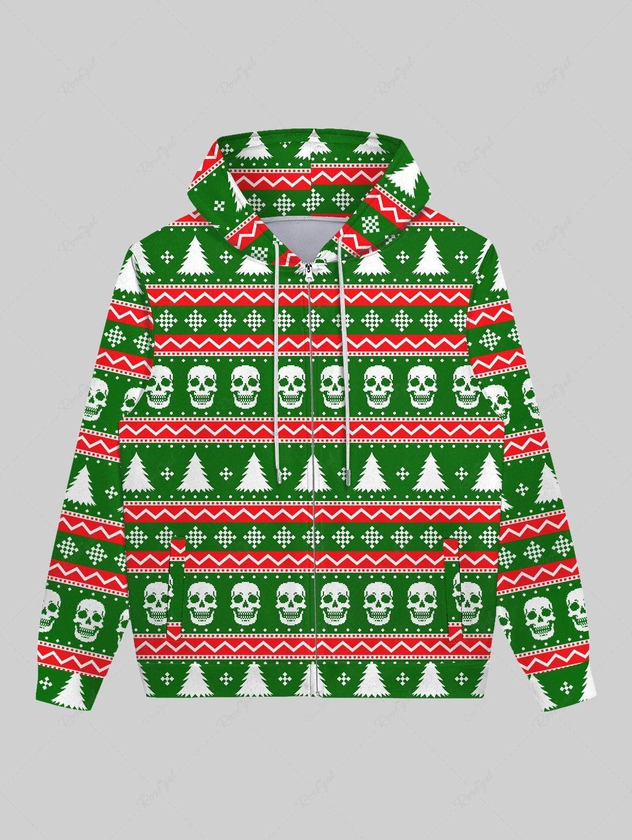 Gothic Christmas Tree Snowflake Skulls Striped Print Zipper Pocket Drawstring Hoodie For Men - 8xl