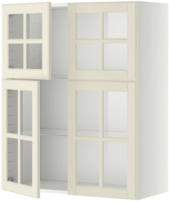METOD خزانة حائط مع أرفف/4 أبواب زجاجية - أبيض/Bodbyn أبيض-عاجي ‎80x100 سم‏