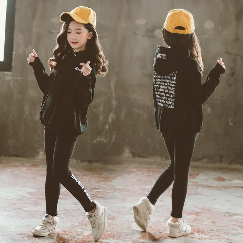 Girls Suit Sport Wear Suit with Hoodies - 7 Sizes (Black)