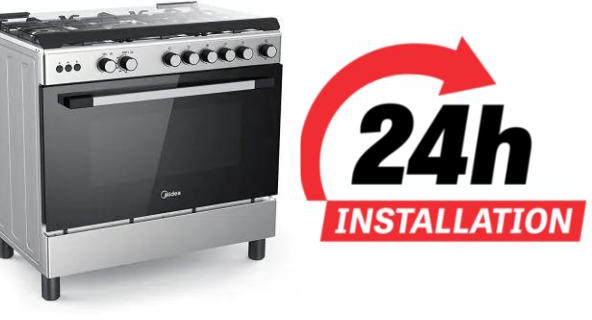 Midea 90x60cm Stainless Steel Freestanding Cooker | Full Gas Cooking Range | Sabaf Italian Burners | Automatic Ignition | Oven Grill Convection | Rotisserie | Cast Iron Pan Support | LME95030FFD-C