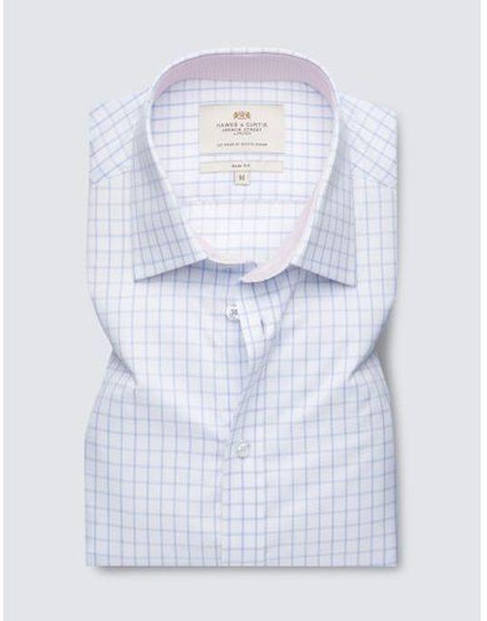 Hawes & Curtis Easy Iron Blue & White Textured Check Slim Fit Short Sleeve Shirt