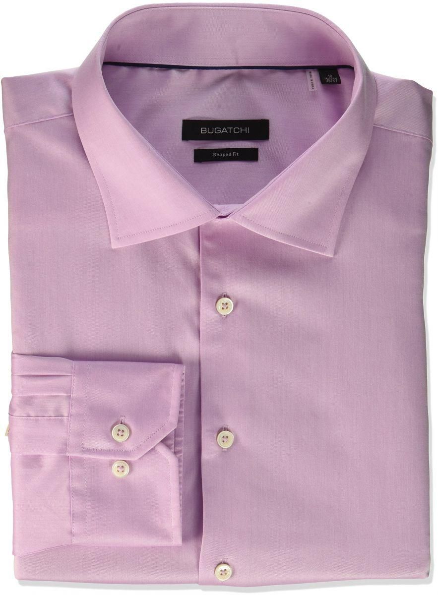 Bugatchi Men's Shaped Fit Spread Collar Solid Dress Shirt, Pink, 16.5
