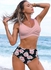 Pink And Black Flower Pattern High Waisted Solid Color Bikini Split Swimsuit Female