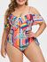 Plus Size Palm Print Lace Up Ruffled One-piece Swimsuit - L