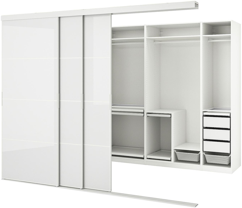 SKYTTA / PAX Walk-in wardrobe with sliding doors - white Hokksund/high-gloss light grey 301x160x240 cm