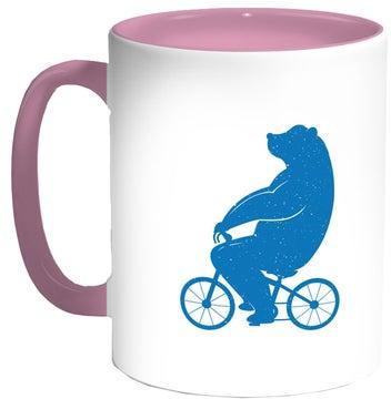 قدح قهوة - صورة دب يقود دراجة أزرق/ أبيض/ وردي