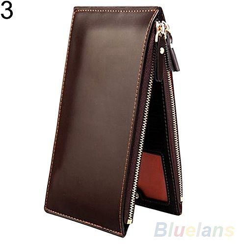 Bluelans Men Fashion Long Faux Leather Zipper ID Credit Card Holder Storage Bifold Wallet-Coffee