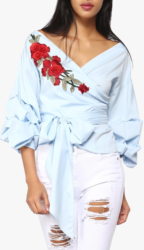 Blue Floral Embroidery Wrap Blouse