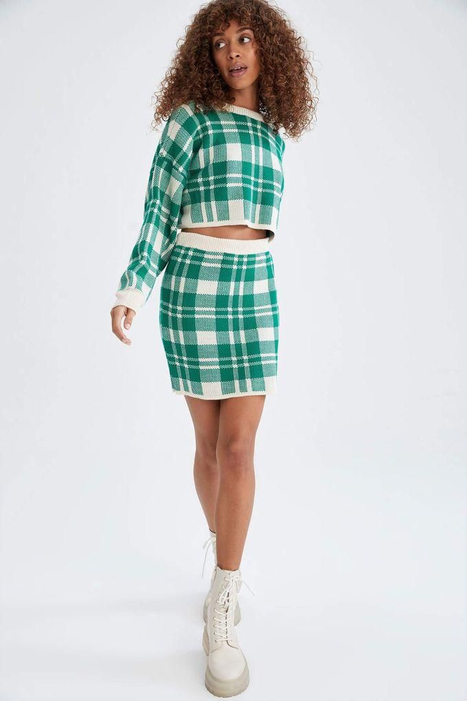Defacto Elasticated Waist Check Patterned Mini Skirt