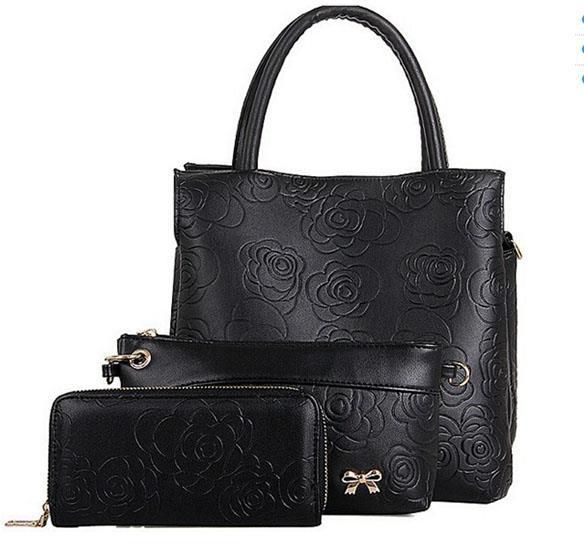 Black Colored 3 Pieces PU Leather Ladies Handbags - Black (VG196)