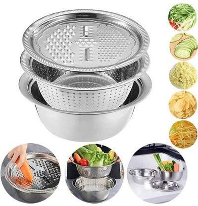 Teebetter Multifunctional Stainless Steel Basin With Grater Vegetable Cutter With Drain Basket Bowl Set 3 In 1 Cheese Grater Ginger Grater With Strainer Basin For Kitchen Washing Vegetables (28Cm) silver