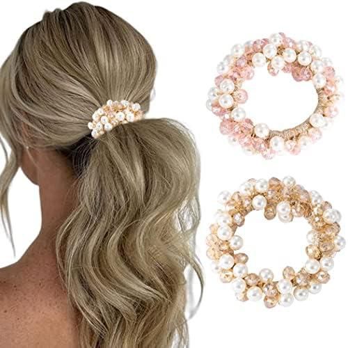 Pearl Hair Ties Rhinestone Ponytail Holder Pink Hair Ropes Elastic Bead Hair Band Stretchy Hair Scrunchies Hair Accessories for Women and Girls (Pack of 2)