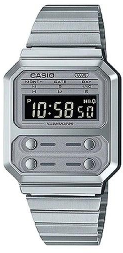 Casio Men Watch Vintage Digital Black Dial Stainless Steel Band A100WE-7BDF.