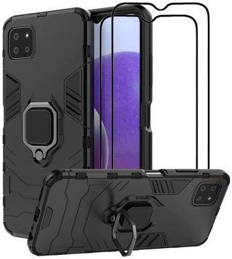 For Samsung Galaxy A22 5G Kickstand Case with Tempered Glass Screen Protector [2 pieces], Hybrid Heavy Duty Armor Dual Layer Anti-Scratch Case Cover (Black)