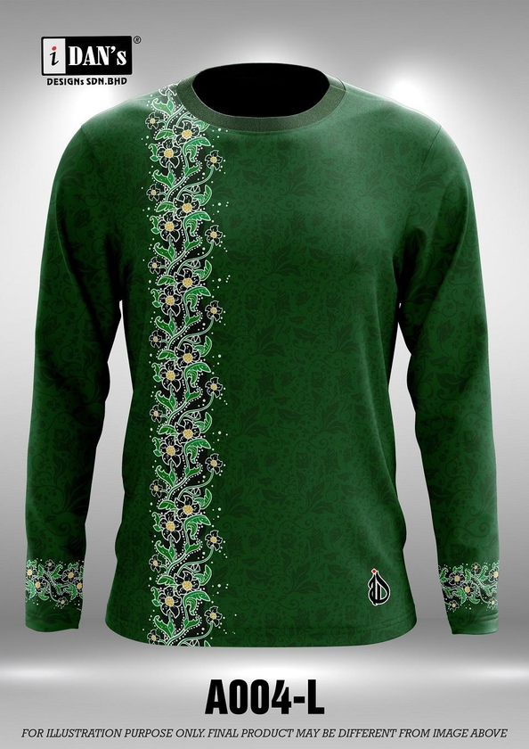 A004 Batik Songket Sublimation Round Neck Long Sleeve Tshirt - 10 Sizes (Green)
