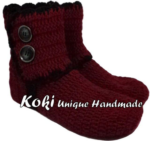Koki Unique Handmade Crochet Boots - Dark Red And Black