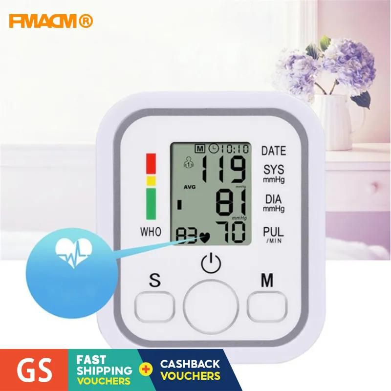 FMACM Upper Arm Blood Pressure Monitor LCD Digital Automatic Tonometer Sphygmomanometer Cuff Heart Rate Monitor Manometer White