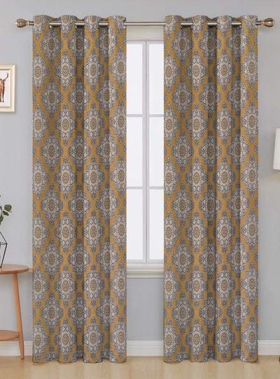 HOME TOWN 2-Piece Printed out Eyelet Ring Top Window Curtains - 2PK Set Chennile Yellow/White 135 x 240cm