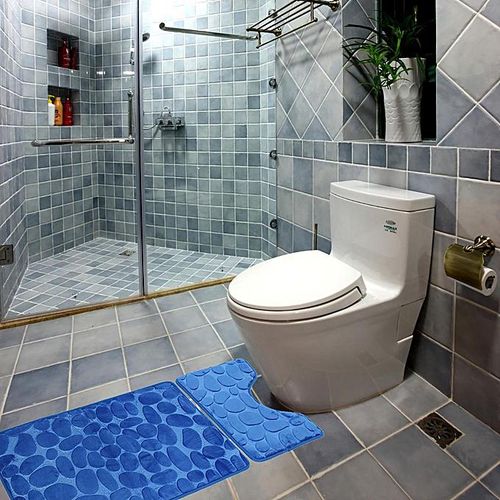 2Pcs Set Bath Non-Slip Mat Toilet Contour Cover Rug Bathroom Floor Stone Pattern 