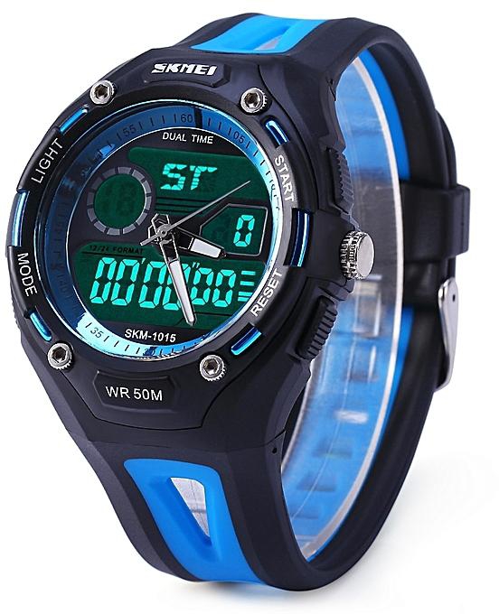 Fashion Skmei 1015 Double Movt Military LED Watch 5ATM Water Resistant Day Date Alarm Sports Wristwatch-BLUE