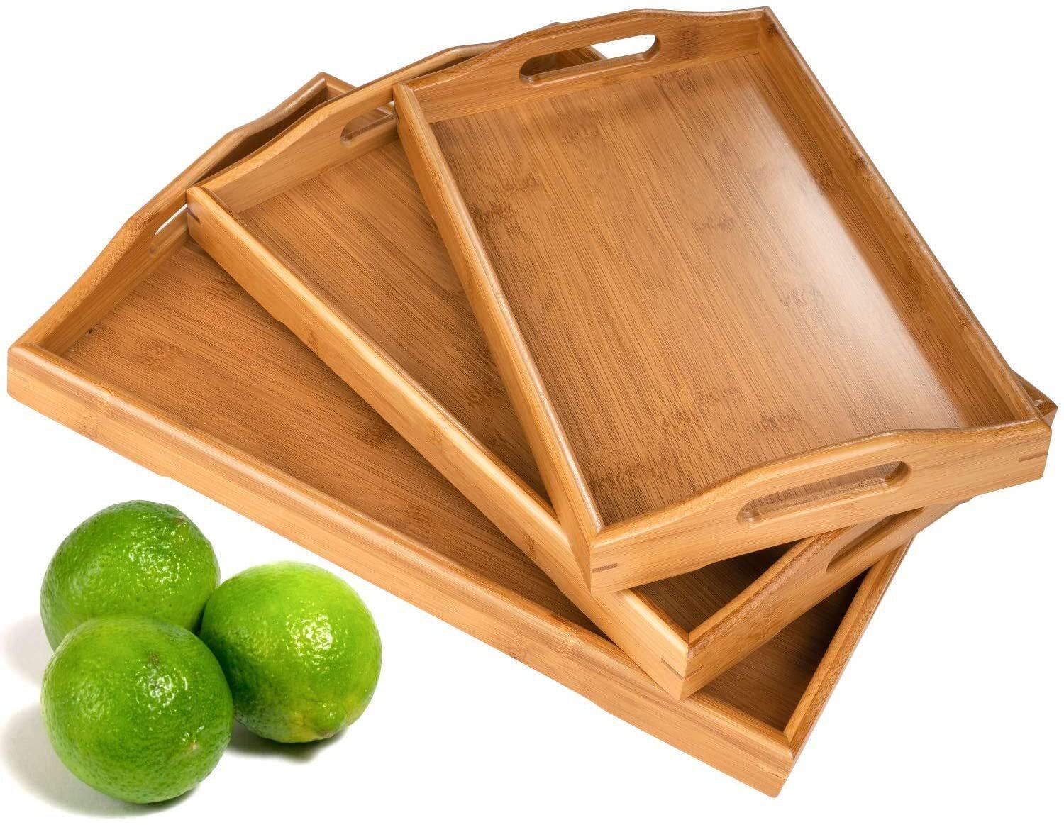 3 Pack Serving Tray Dinning Table Tray Large Bamboo Serving Tray with Handles Wood Serving Tray Set for Coffee,Food,Breakfast,Dinner