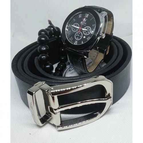 Men Solid Black Leather Belt With Wristwatch And Bracelet