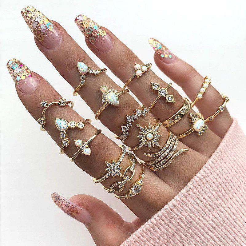 17Pcs Boho Rhinestone Faux Opal Crown Sun Star Knuckle Finger Rings Set
