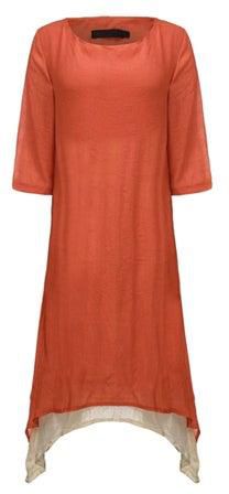 Three-Quarter Sleeves Split Irregular Hem Dress Orange/Beige