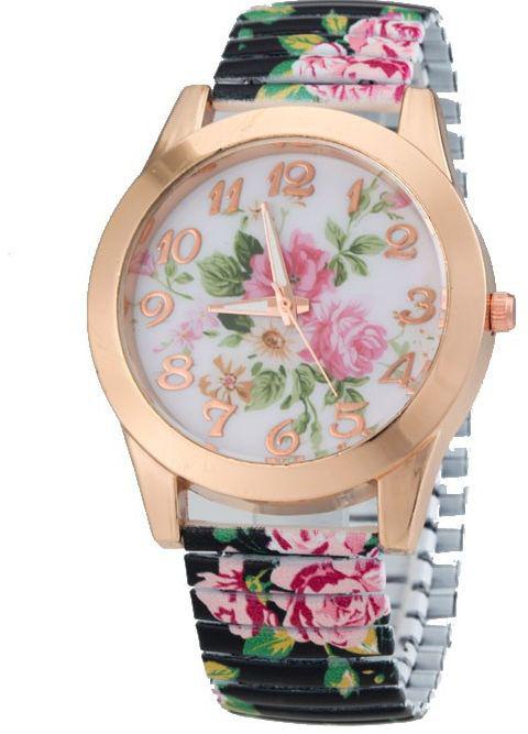 Woman Girl Stainless Steel Elastic Strap Flower Style Round Face Quartz Bracelet Wrist Watch