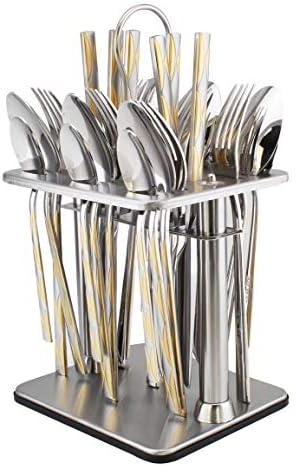 بيرجير مجموعة ادوات مائدة فضية مكونة من 24 قطعة مع حامل مربع، مصنوعة من الستانلس ستيل تتضمن 6 سكاكين وشوكة وملعقة شاي ومصقولة وعاكسة، امنة للاستخدام في غسالة الصحون