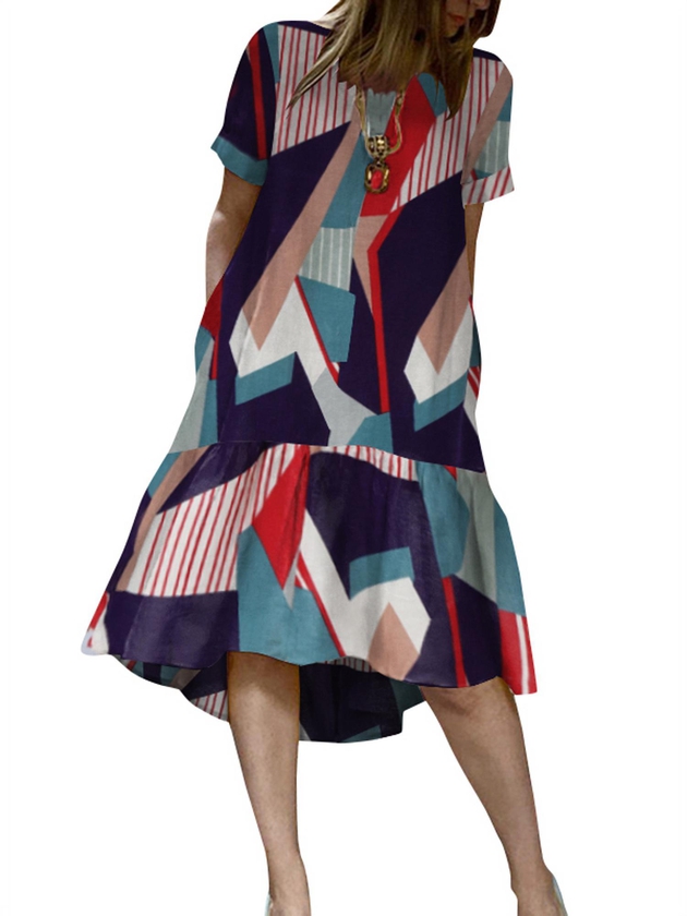 Buy ZANZEA Women Summer Bohemian Geometric Printed Short Sleeve Ruffle Dress Online in Saudi Arabia. 913013805