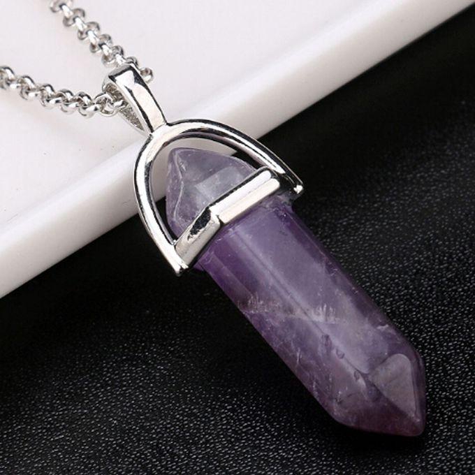 Fashion Natural Quartz Crystal Hexagonal Healing Point Amethyst Pendant Cut Gemstone Pendant Necklace with 18" Black Rope Chain